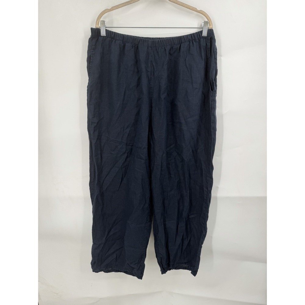 FLAX Linen Pull On Pants Women 1G 18-20 Navy Blue Wide Leg Lagenlook Beach Basic